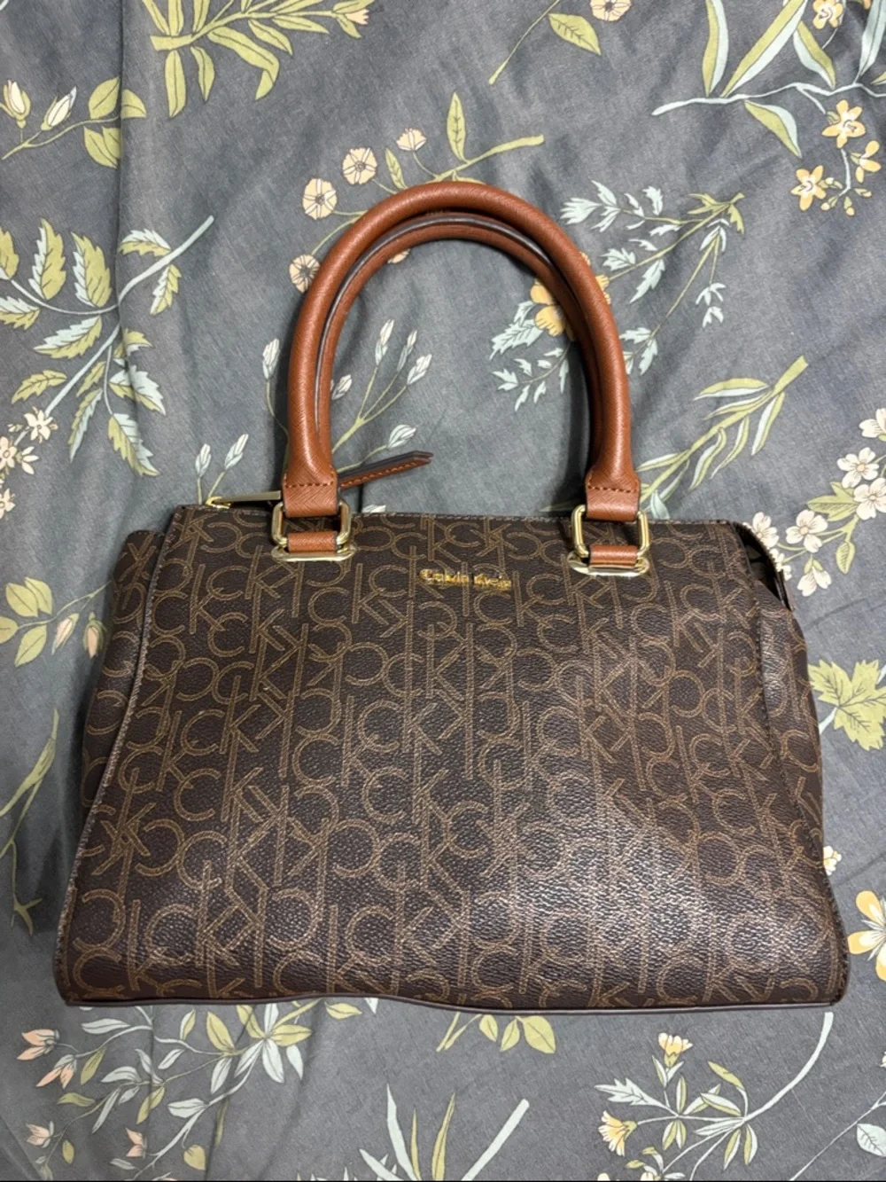 Calvin Klein Brown Monogram Zipper Handbag with Tan Handles and Gold Hardware